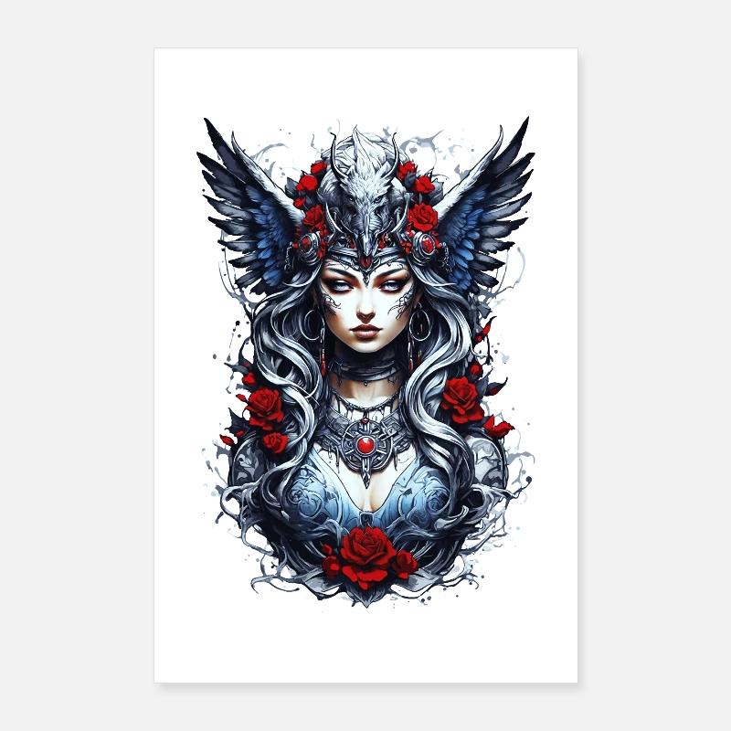 Valkyrie avec corbeaux, roses, vikings Poster 60 x 90 cm