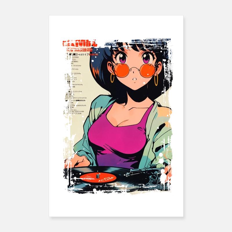 Anime DJ Mädchen mit Schallplatte Poster 60x90 cm