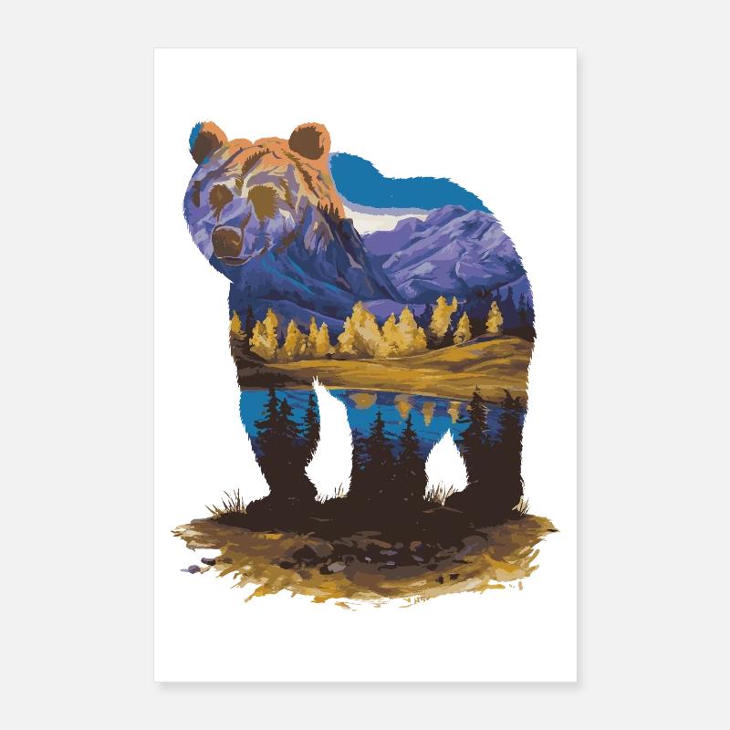 Wander Bear Mountains Lake Retro Nature Design Poster 24" x 35" (60x90 cm)