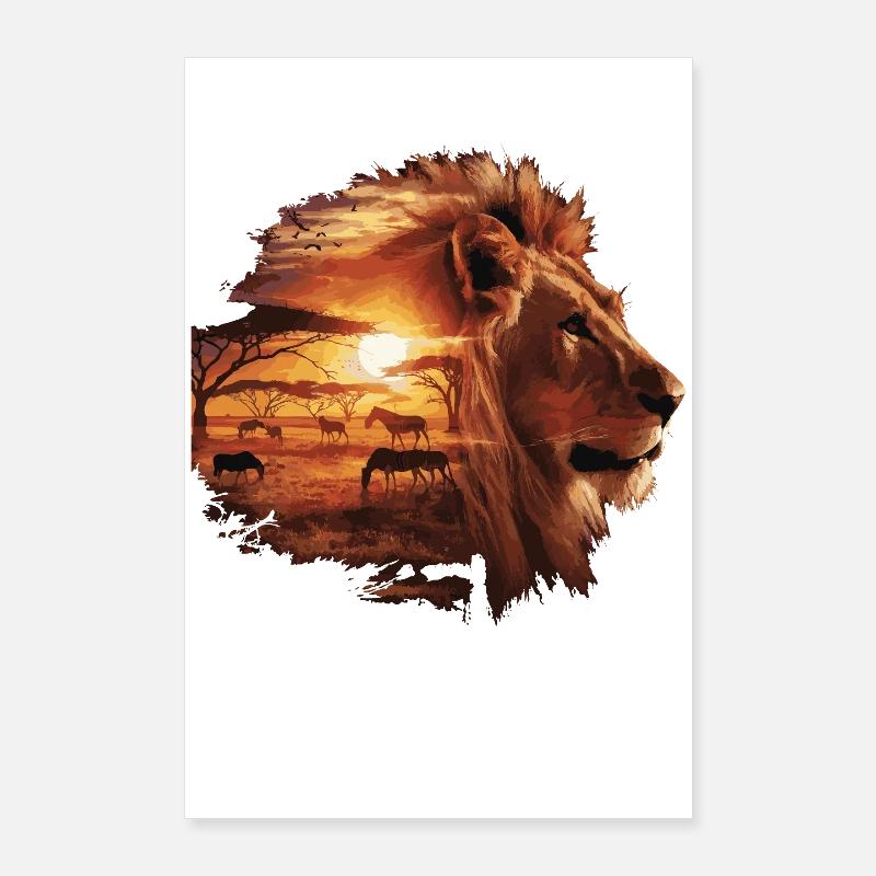 Löwe Savanne Sunset Double Exposure Design Poster 60x90 cm
