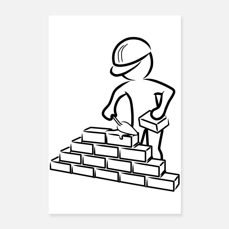 Bauarbeiter mit Maurerkelle, Mörtel und Mauer Poster 60x90 cm
