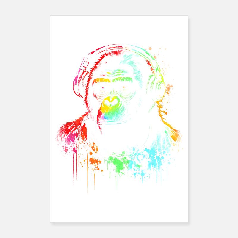 Regenbogen Gorilla Kopfhörer Poster 60x90 cm