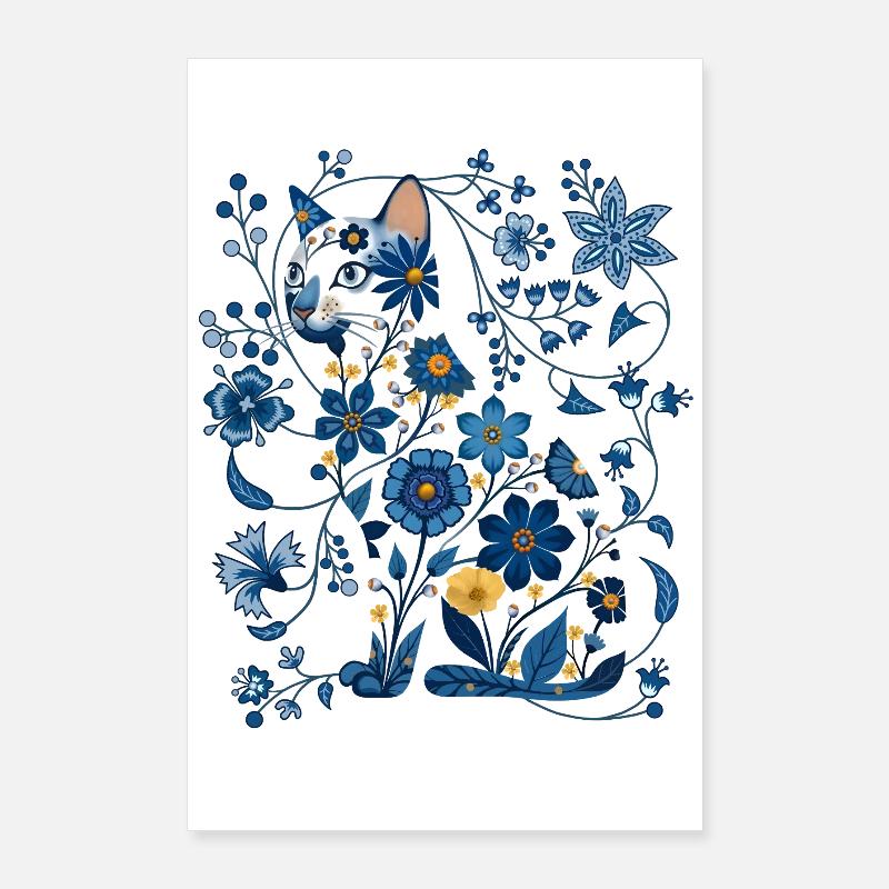 Silhouette de chat floral azur Poster 60 x 90 cm