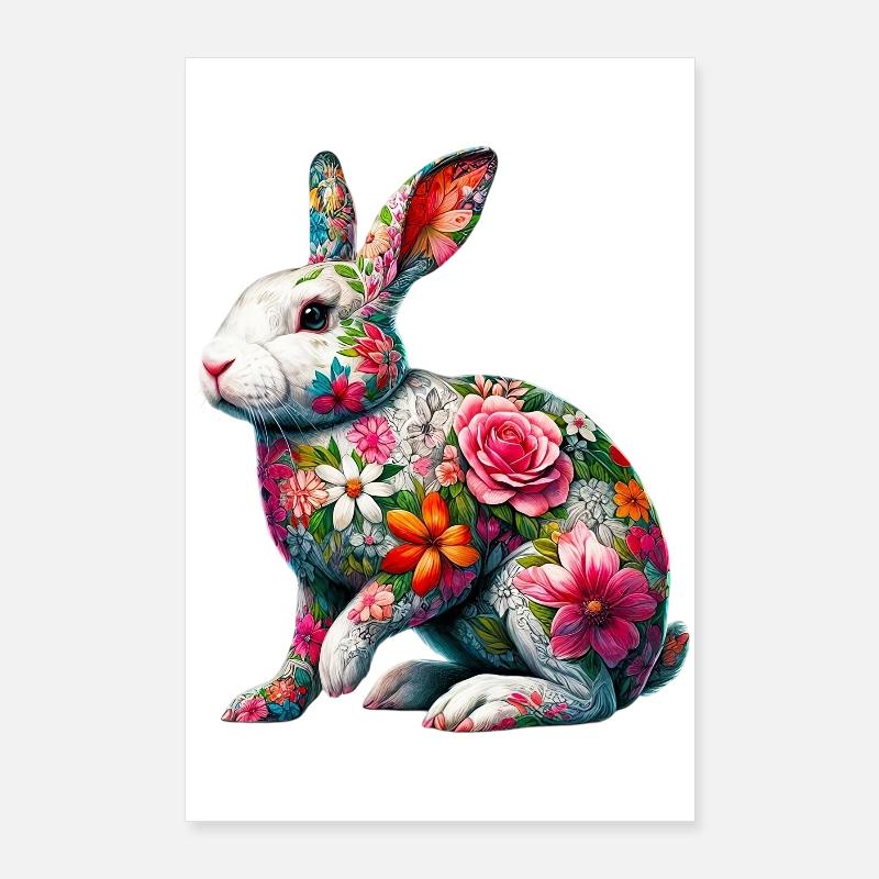 Lapin décoré de fleurs Poster 60 x 90 cm