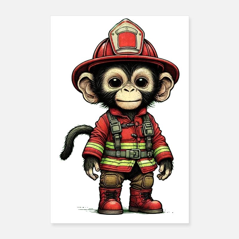 Petit singe pompier avec tenue Poster 60 x 90 cm