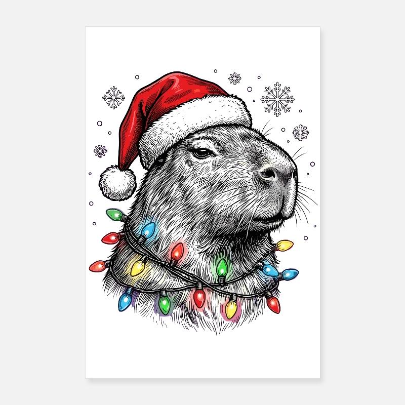 Un capybara mignon avec un chapeau de Noël Poster 60 x 90 cm