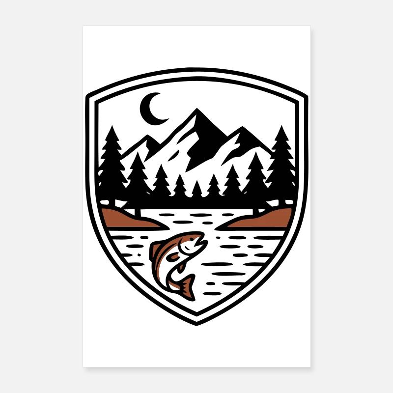 Mountains Forest Fish Shield Logo Poster 24" x 35" (60x90 cm)