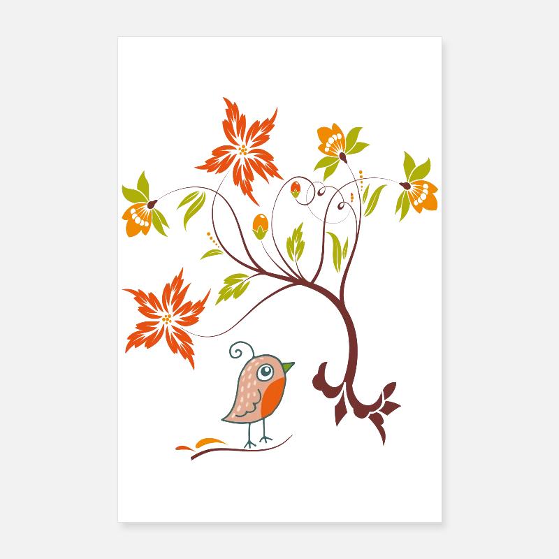Blumenranke mit Vögelchen Poster 60x90 cm
