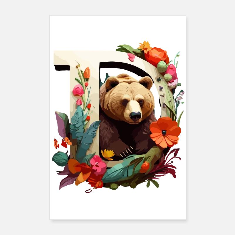 Bär Illustration mit blumigem Bilderrahmen Poster 60x90 cm