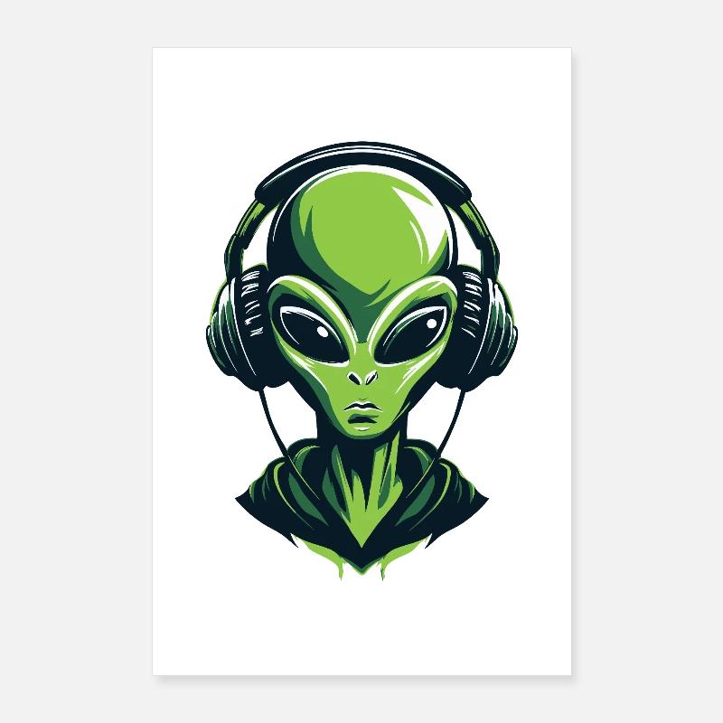 Alien mit Kopfhörern – Minimalistic Techno design Poster 60x90 cm