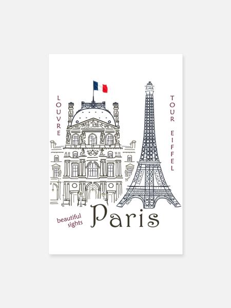 Paris, Zeichnung Louvre & Eiffelturm - Poster 60x90 cm - Weiß
