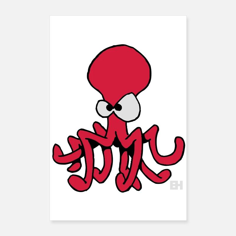 Playful Red Octopus Illustration Poster 24" x 35" (60x90 cm)