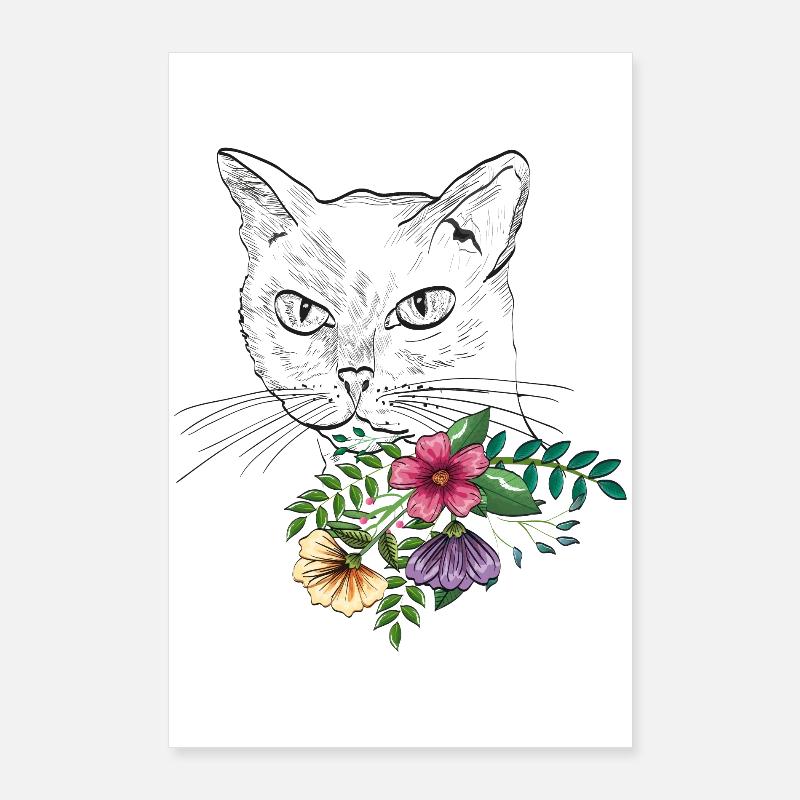 Chat avec bouquet de fleurs Poster 60 x 90 cm