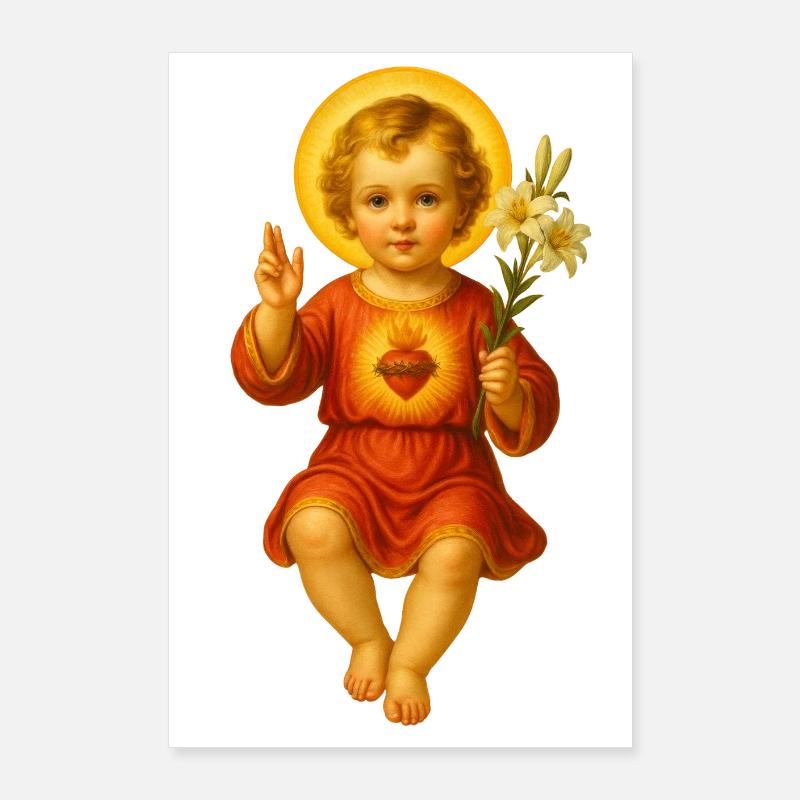 Heiliges Kind mit Herzstrahl und Lilien Poster 60x90 cm