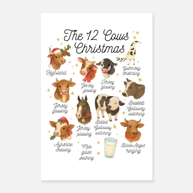 Les 12 Vaches de Noël – Lustiges Weihnachtskuh Poster 60 x 90 cm