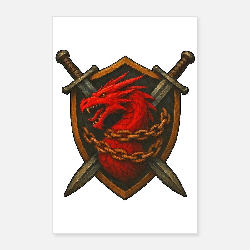 Red Dragon on Shield with Chains Poster 24" x 35" (60x90 cm)
