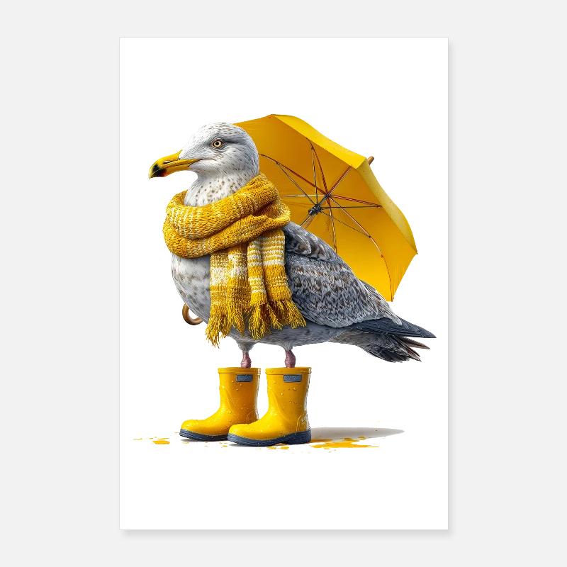 Seemöwe mit Gelbem Regenschirm und Boots Poster 60x90 cm