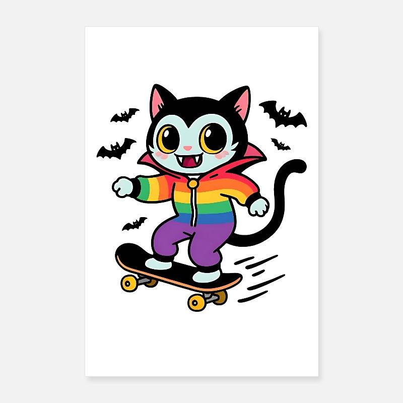 Regenbogen Vampir Katze Skateboarden Poster 60x90 cm