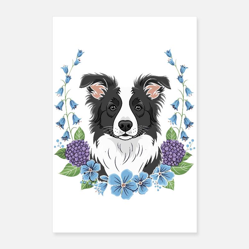 Cute Border Collie with Floral Frame Poster 24" x 35" (60x90 cm)