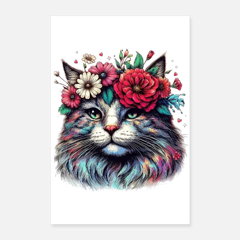 Katze mit Blumen Poster 60x90 cm
