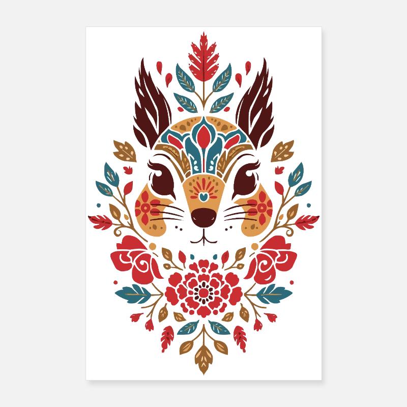 Blumen Eichhörnchen Kopf Folk-Art Poster 60x90 cm