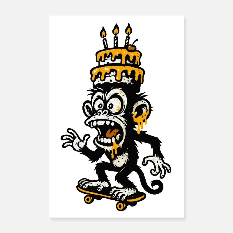 Illustration de gâteau d’anniversaire de singe absurde Poster 60 x 90 cm