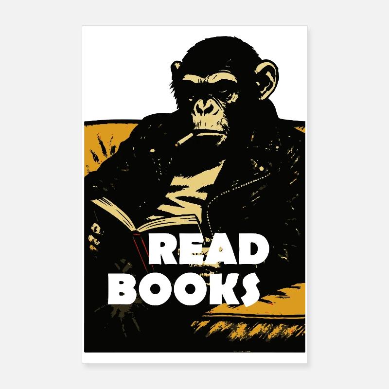 Chimp is reading books Poster 24" x 35" (60x90 cm)