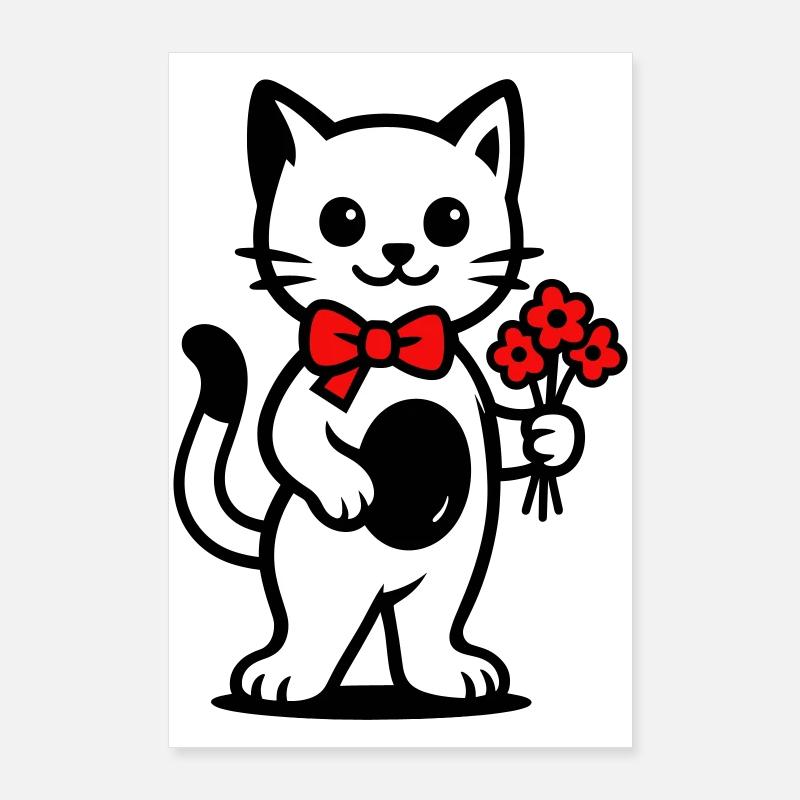 Amoureux des chats kawaii avec ruban rouge Poster 60 x 90 cm