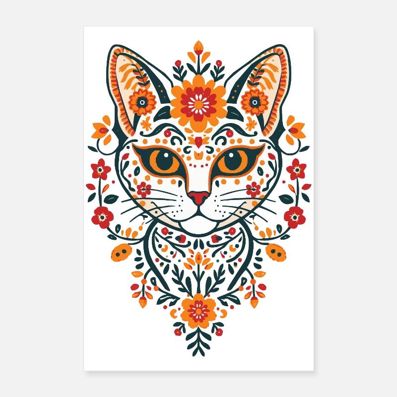 Blumiger Katzenkopf Folkart Poster 60x90 cm