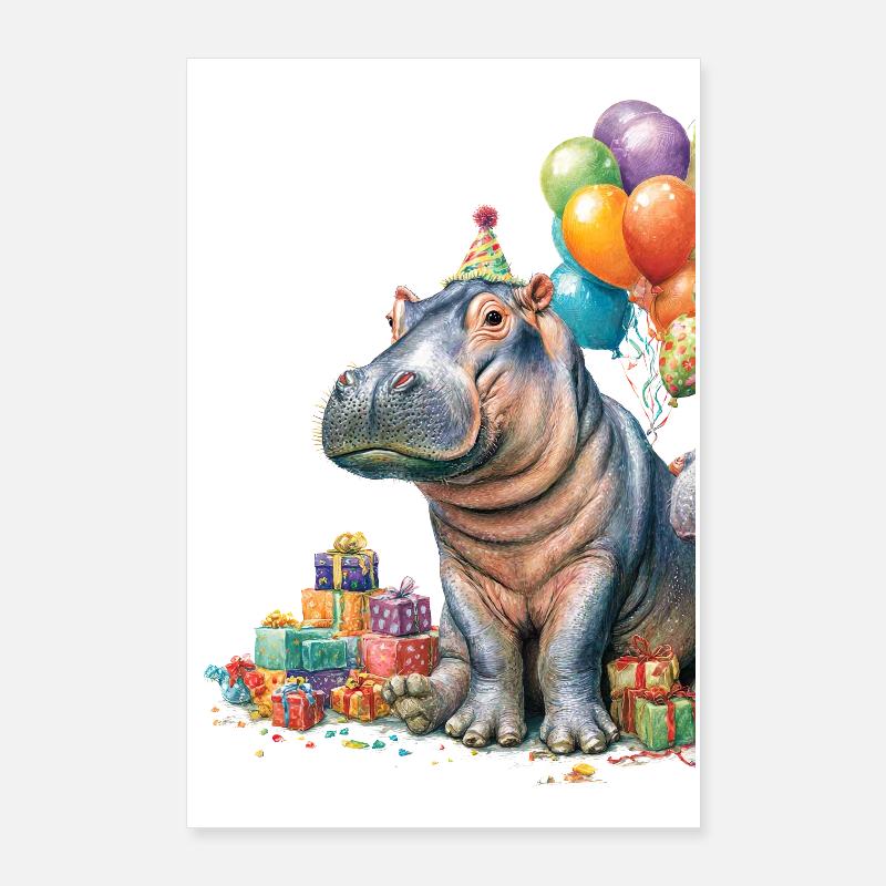 Hippo Geburtstagsfeier mit Ballons Poster 60x90 cm