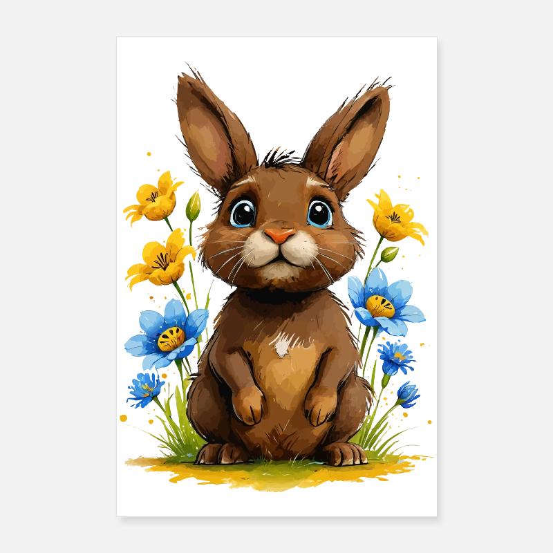 Lapin brun mignon parmi les fleurs Poster 60 x 90 cm
