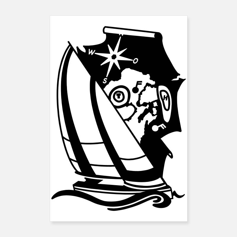 Sailing Yacht Sailing Ship with Compass Nautical Chart Sailing Poster 24" x 35" (60x90 cm)