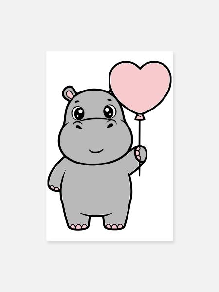 Sweet Hippopotamus Heart Balloon Love - Poster 24" x 35" (60x90 cm) - white - Front