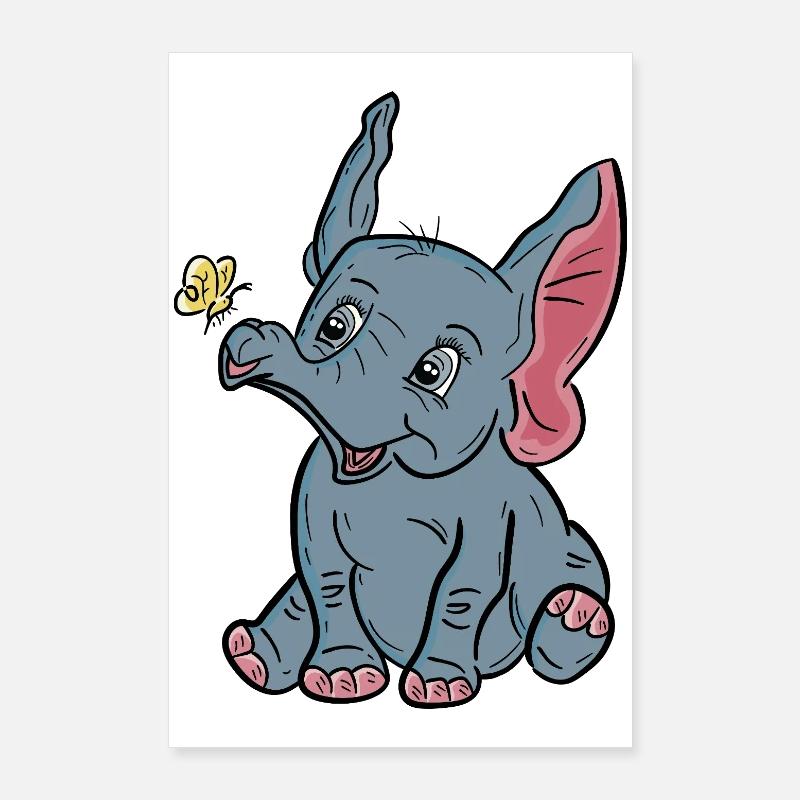 Bébé éléphant et papillon heureux Poster 60 x 90 cm