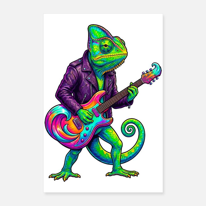 Chamäleon in Lederjacke und Neon E-Gitarre Poster 60x90 cm