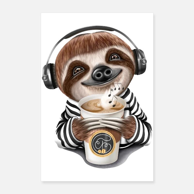 Drôle sloth Coffee Headphone Music Poster 60 x 90 cm