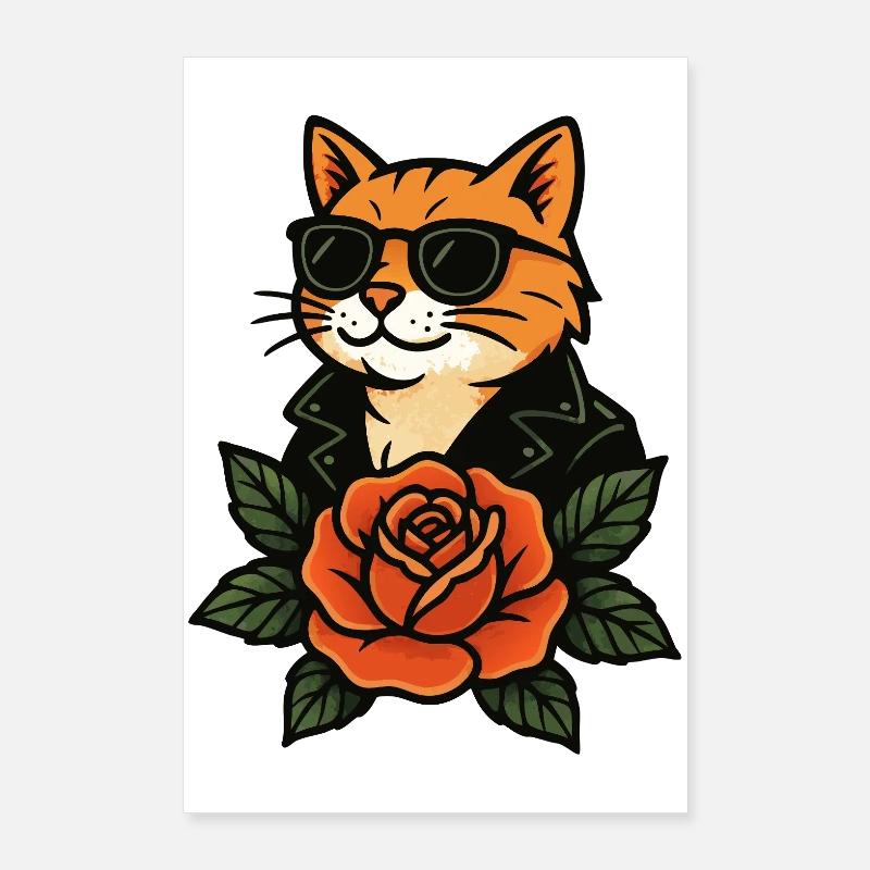 Cool Cat with Sunglasses Rose Retro Vintage Poster 24" x 35" (60x90 cm)