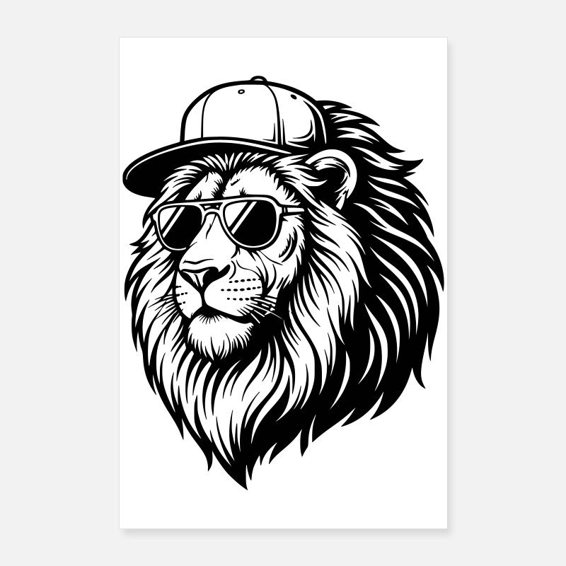 Cooler Löwe mit Cap und Sonnenbrille Illustration Poster 60x90 cm