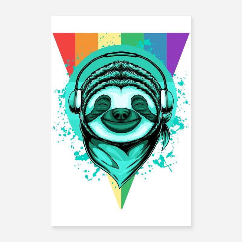 Faultier mit Kopfhörern & Regenbogen Poster 60x90 cm
