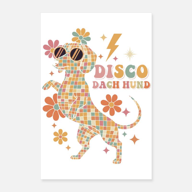 Techno Disco Dachshund Disco Ball Party Funny Poster 24" x 35" (60x90 cm)