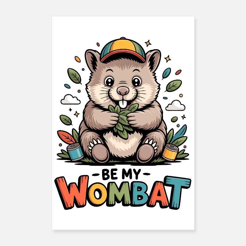 Buntes Wombat Cartoon mit Blättern Poster 60x90 cm