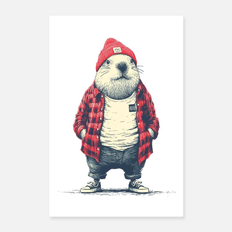 Beaver in red plaided jacket Poster 24" x 35" (60x90 cm)