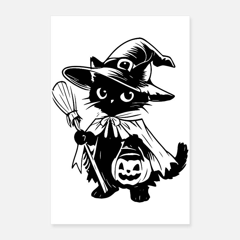Black Cat Witch with Broom and Jack-o-lantern Poster 24" x 35" (60x90 cm)