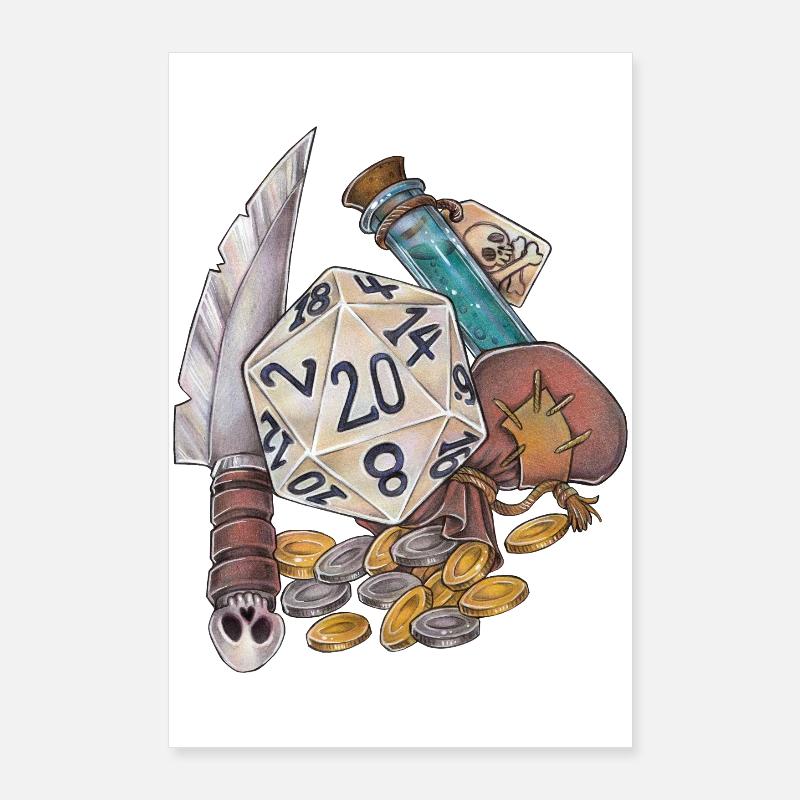 Vol de cadeaux de dés D20 sur table RPG Poster 60 x 90 cm