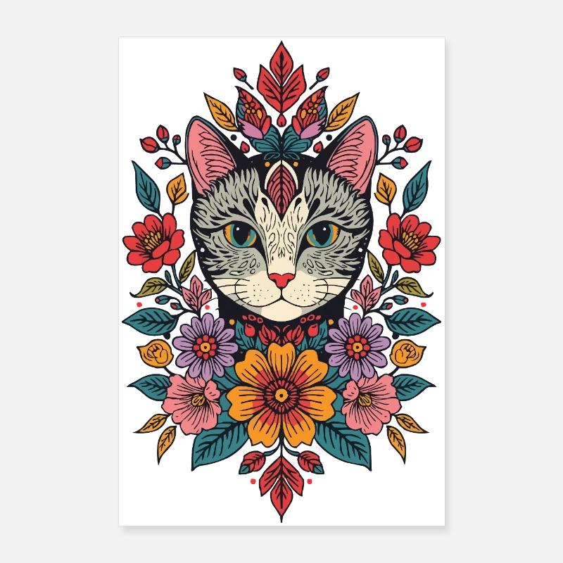 Tête de chat dans une couronne de fleurs Poster 60 x 90 cm