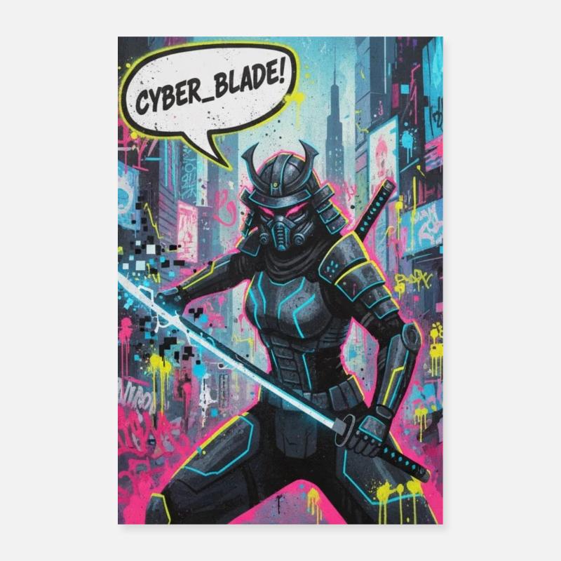 Cyber samouraï Néon Graffiti Poster 40 x 60 cm