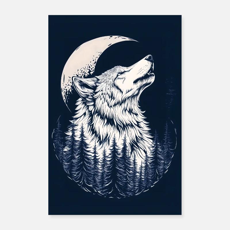 Wolf & Moon – Mystical Forest Design in Blue Poster 16" x 24" (40x60 cm)