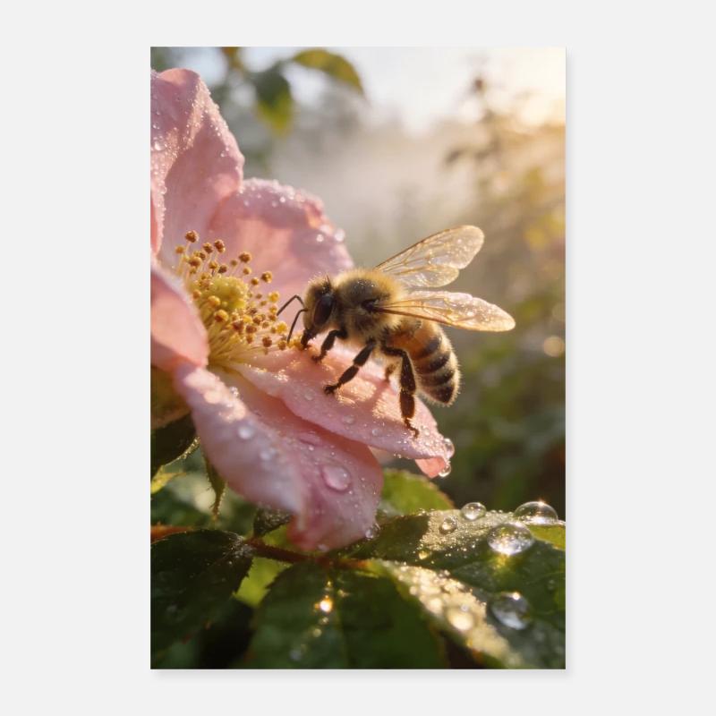 Morning bee on rose blossom Poster 16" x 24" (40x60 cm)