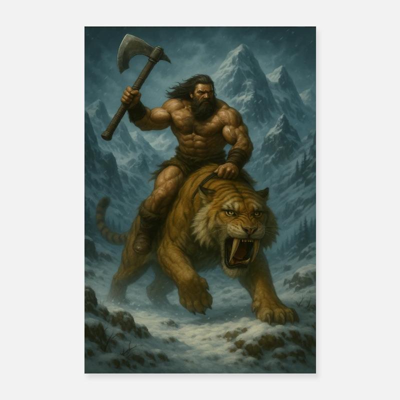 Wilder Krieger auf Sabertooth Tiger – Kunst - Poster 40x60 cm - Weiß