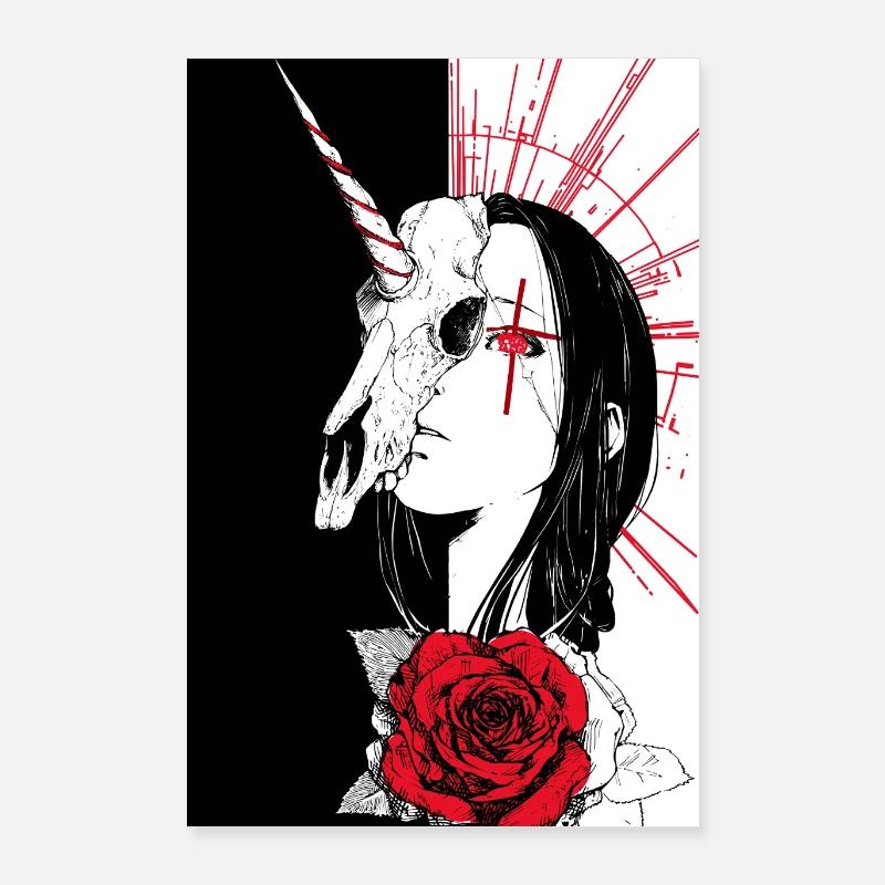 Einhornschädel und rote Rose Poster 40x60 cm